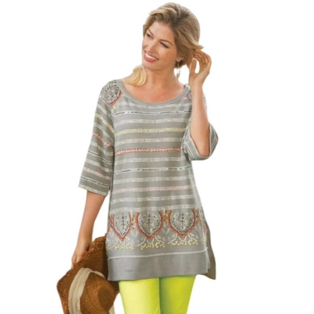 Soft Surroundings Gray Striped Embroidered Embellished Tunic Top 1X